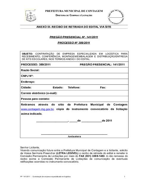 Preenchível Disponível anexo viii recibo de retirada do edital via