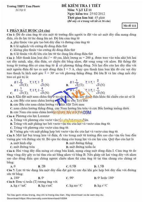 [doc] Đề Kiểm Tra 1 Tiết Học Kì 2 Vật Lí 11 Thpt Tam Phước Thư Viện