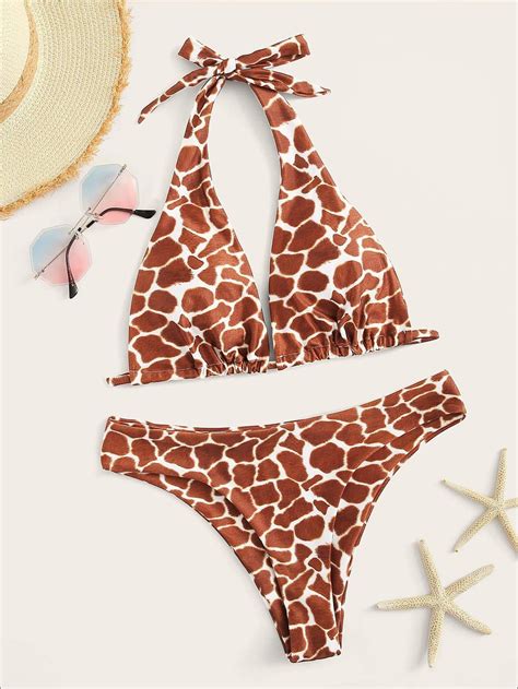 Giraffe Print Halter Top With Panty Bikini Set Bikinis Giraffe Print