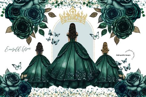 Emerald Green Princess Dress Butterfly Clipart Hunter Green Flowers