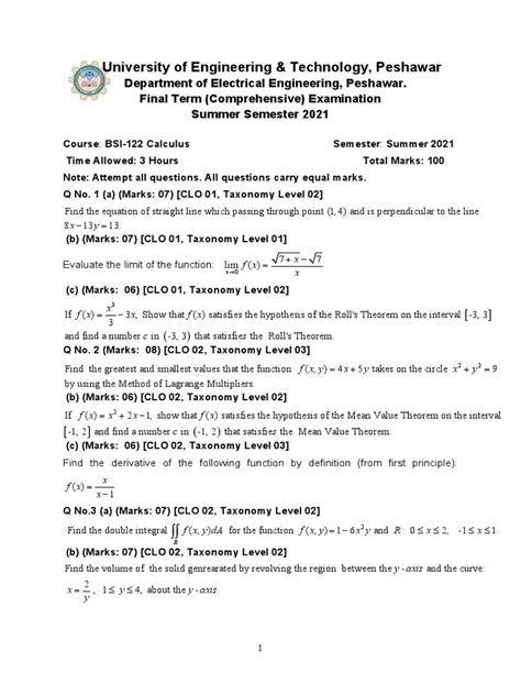 Final Term Examination In Calculus Questions Covering Limits Derivatives Integrals