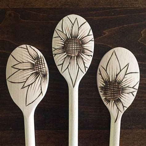 Wood Burned Cooking Spoons In Sunflowers Etsy Wood Burn Spoons