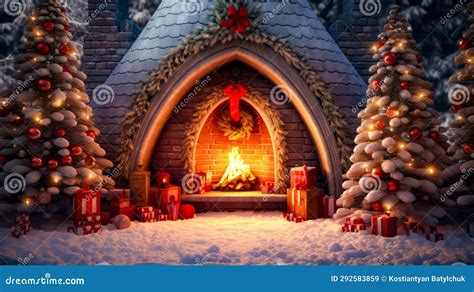 Christmas Scene with Fireplace in the Middle of Snow Covered Area. Generative AI Stock Image ...