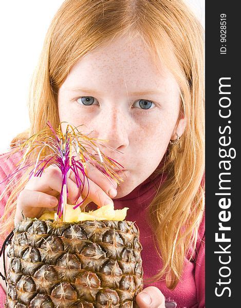 Red Head Girl Drinking Pineapple Free Stock Photos Stockfreeimages