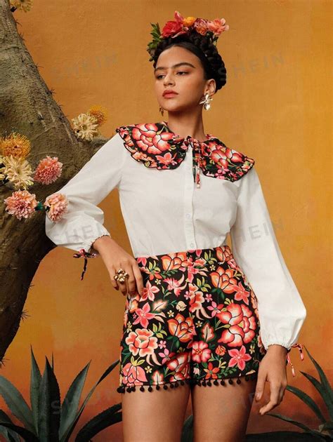 Frida Kahlo X Shein X Designer Raul Orozco Floral Print Lantern Sleeve