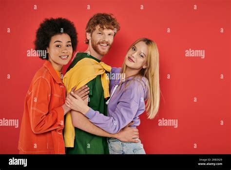 Open Relationship Polygamy Concept Three Interracial Lovers Hugging