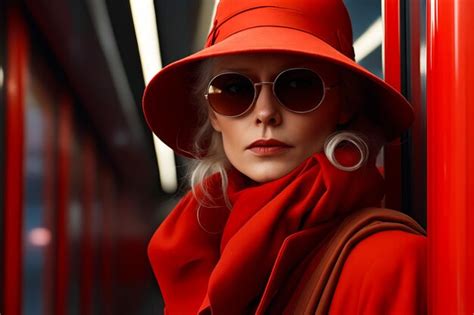 Premium Photo Woman Wearing Red Hat And Sunglasses With Red Scarf