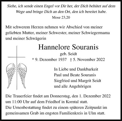 Traueranzeigen Von Hannelore Souranis Stuttgart Gedenkt De