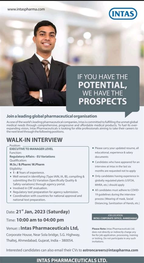 Intas Pharma Walk In Interview For Regulatory Affairs