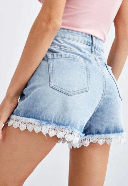 Lace Trim Ripped Slant Pocket Denim Shorts Sponsored Denim Shorts