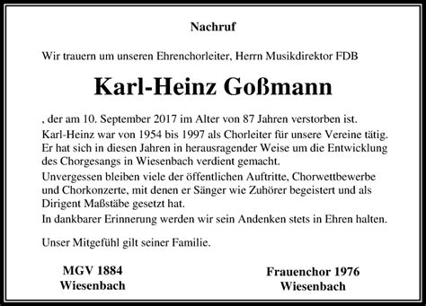 Traueranzeigen von Karl Heinz Goßmann vrm trauer de