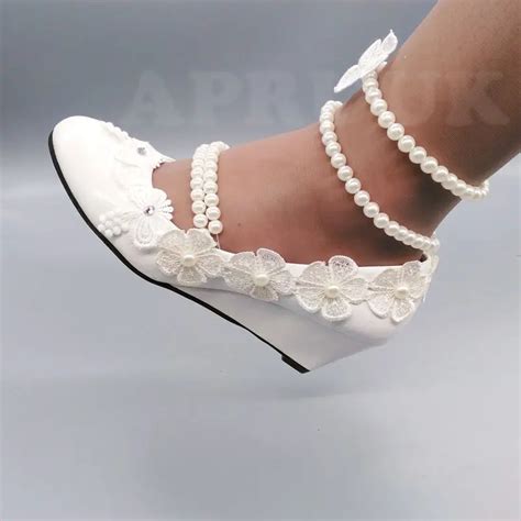 Lace wedges heeled wedding shoes bride handmade ivory lace flower ...