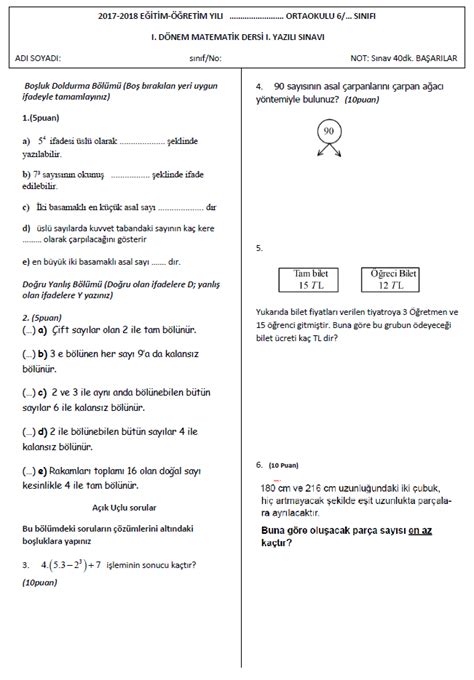 2019 2020 6 Sinif Matematİk 1 DÖnem 1 Yazili Sinavi Test Matematik