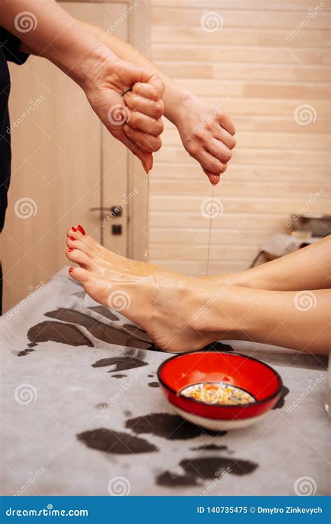 Woman Treating Her Les With Antiaging And Caring Procedure Stock Image Image Of Naked
