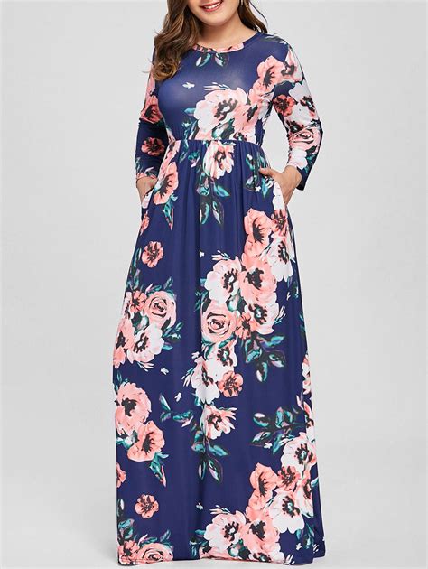 [17 Off] 2020 Plus Size Floral Long Sleeve Maxi Dress In Blue Dresslily