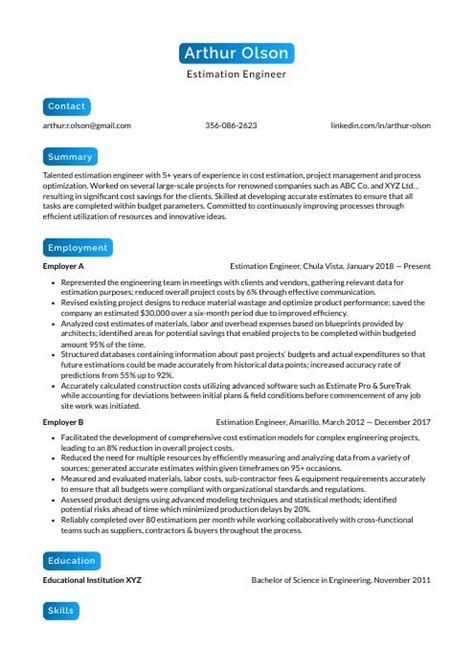 Estimation Engineer Resume Cv Example And Writing Guide