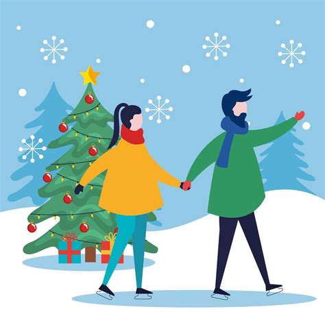 Merry Christmas Woman And Man Holding Hands And Pine Tree Vector Design