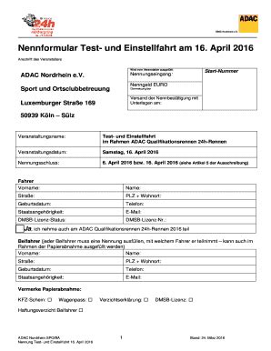 Ausfüllbar Online 24h information Nennformular Test und Einstellfahrt