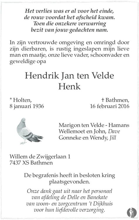 Hendrik Jan Henk Ten Velde Overlijdensbericht En