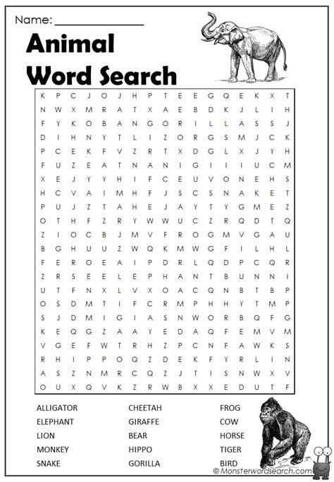 Animal Word Search- Monster Word Search