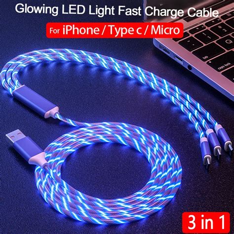 3 In 1 1m Glowing LED Light Cable Mobile Phone 5A USB Fast Charging