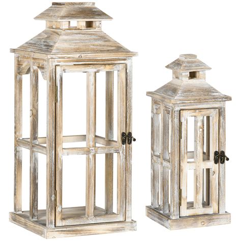 Homcom 2 Pack 2820 Large Rustic Wooden Lantern Decorative Indoor