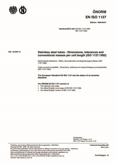 ONORM EN ISO 1127 1996 Stainless Steel Tubes Dimensions Tolerances