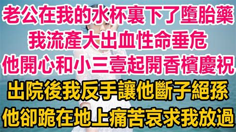 老公在我的水杯裏下了墮胎藥，我流產大出血性命垂危，他開心和小三壹起開香檳慶祝，出院後我反手讓他斷子絕孫，他卻跪在地上痛苦哀求我放過 情感故事 生活經驗 两性情感 婚姻 Youtube