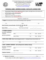 South Carolina Personal Name Address Change Duplicate License Form