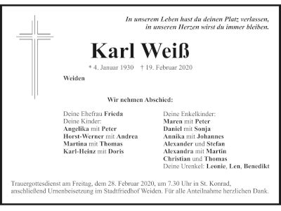 Traueranzeige Karl Weiß Weiden OberpfalzECHO