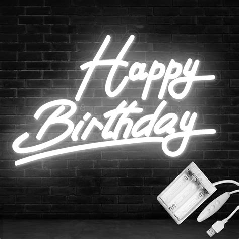 White Happy Birthday Neon Sign Battery Operated Usb Powered Neon Signs For Wall Decor