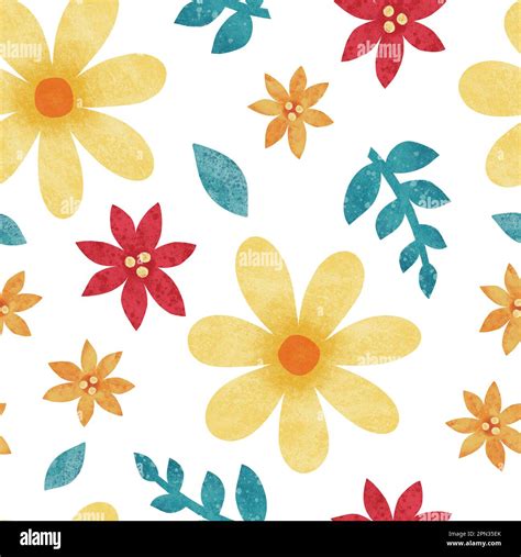 Yellow And Red Floral Seamless Pattern Big And Small Watercolor