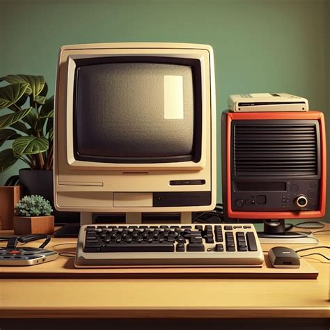 Premium Ai Image Retro Computer On Desk Arrangement