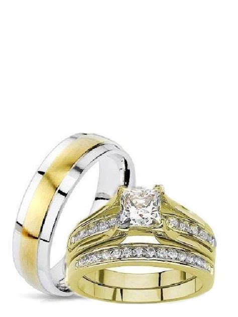 His Hers Princess Cut Wedding Ring Set Yellow Gold Plated Stainless