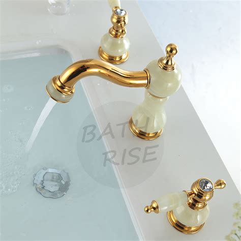 Luxury Gold Bathroom Faucets 3 Hole Marble Widespread Polished Gold