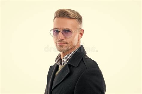 Portrait Of Mature Guy In Coat And Glasses Menswear Studio Shot Of Mature Guy Wear Menswear