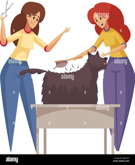 Two Groomers Combing Long Fur Of Black Dog Flat Vector Illustration