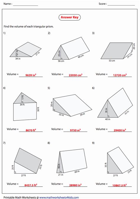 50 Volumes Of Prisms Worksheet