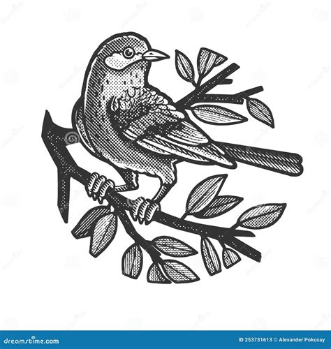 Bird On A Tree Branch Sketch Raster Illustration Stock Illustration