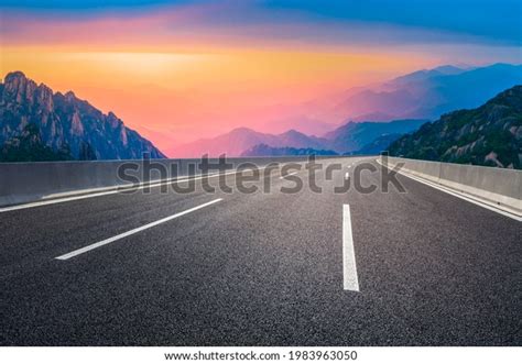 Asphalt Highway Mountain Landscape Sunsetroad Pavement Stock Photo