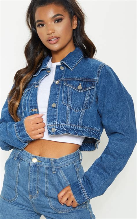 Mid Washed Cropped Rigid Denim Jacket Denim Prettylittlething Usa