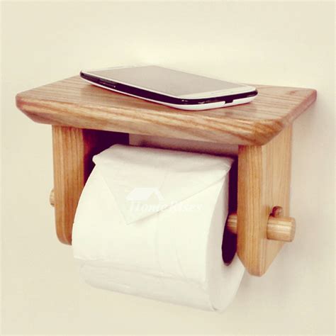 Wood Toilet Paper Holder Wall Mount With Shelf Natural