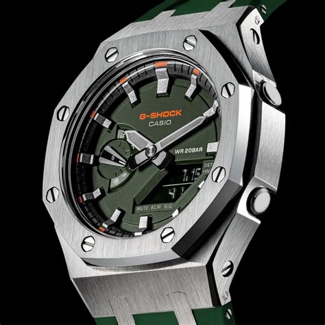 G Shock Mod With Silver Steel Case Green Strap And Silver Hour Markers