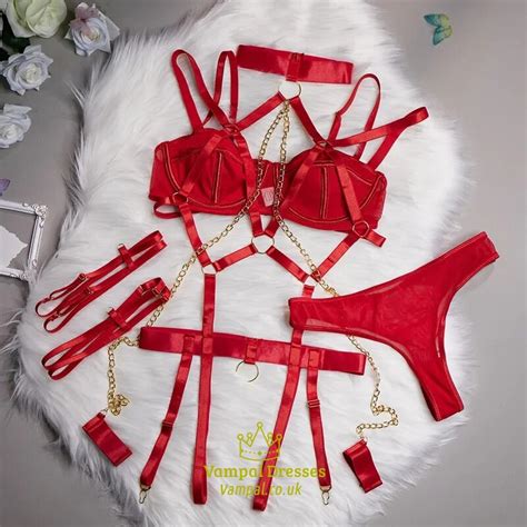 Red Mirabelle Bondage Lingerie Haltery Underwear With Chain Ring Linked