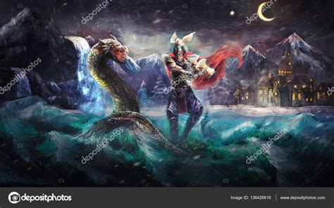 Thor Fighting Serpent Norse Mythology — Stock Photo © Vukkostic91