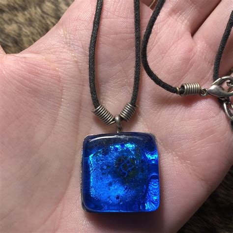 Vintage Blue Glass Pendant Necklace Bright Blue Depop
