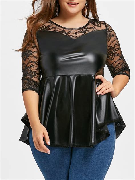 [17 Off] 2022 Plus Size Lace Yoke Faux Leather Peplum Top In Black Dresslily