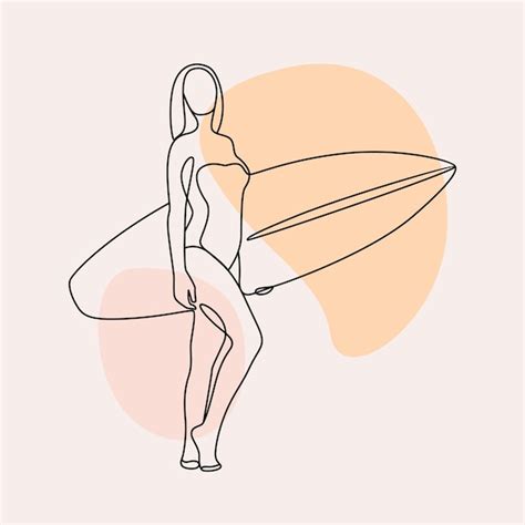 Sch Ne Frau Beim Surfen Im Sommer Im Femininen Line Art Stil Premium