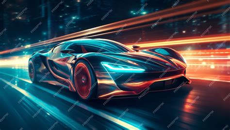 Premium Photo Futuristic Supercar Racing At High Speed On The Road With Neon Lights Reflections