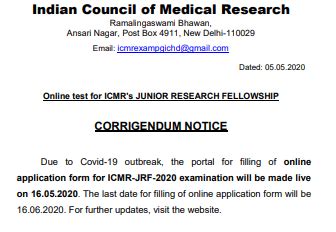 ICMR JRF Application Form 2020 Out Check Registration Date Fees